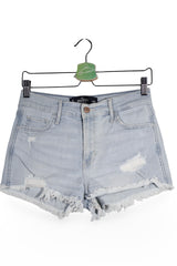 Blugi scurți - Hollister albastru deschis cu tiv franjurat si broderii discrete – S – Femei - spate