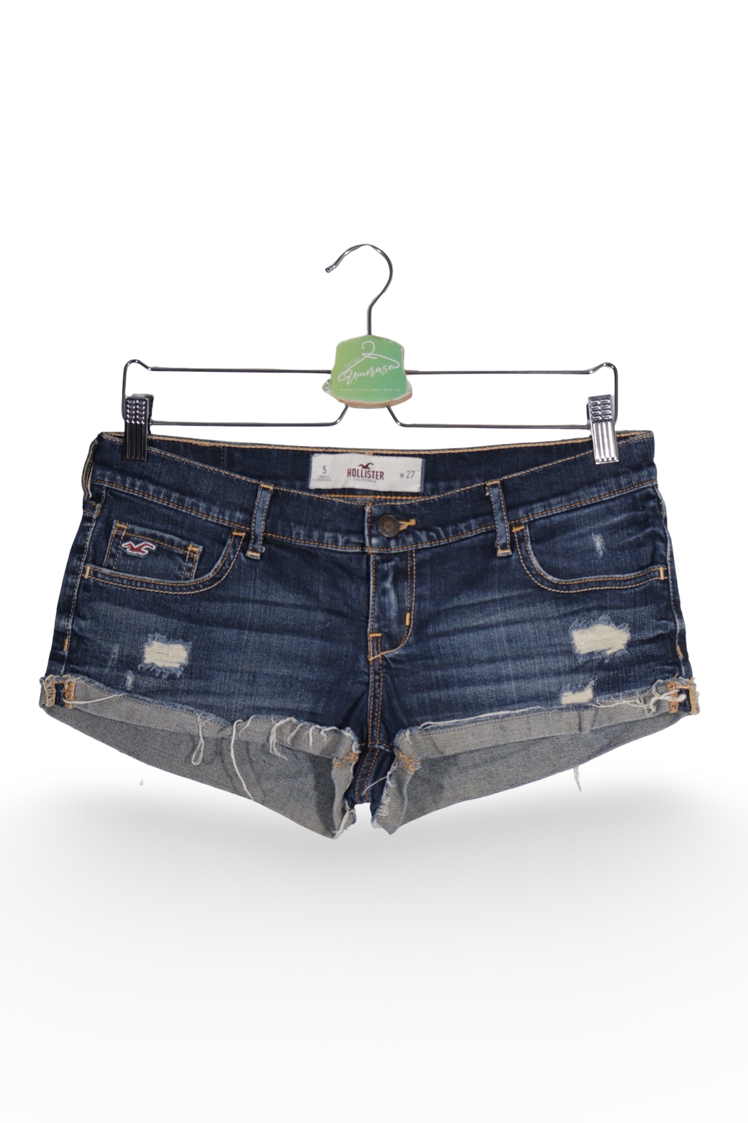 Blugi scurți - Hollister albaștri închiși din denim prespălat cu detalii destroyed – S – Femei - fata