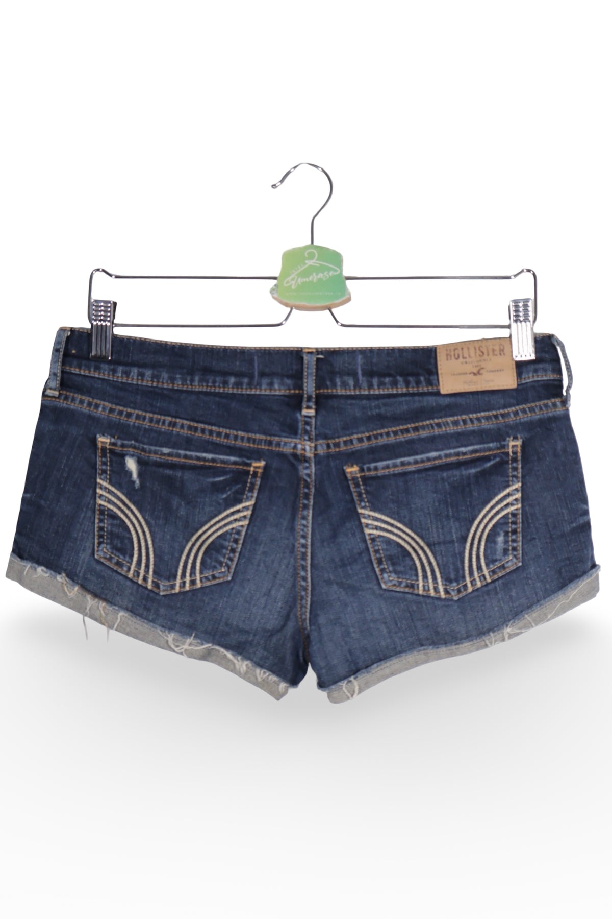 Blugi scurți - Hollister albaștri închiși din denim prespălat cu detalii destroyed – S – Femei - detaliu