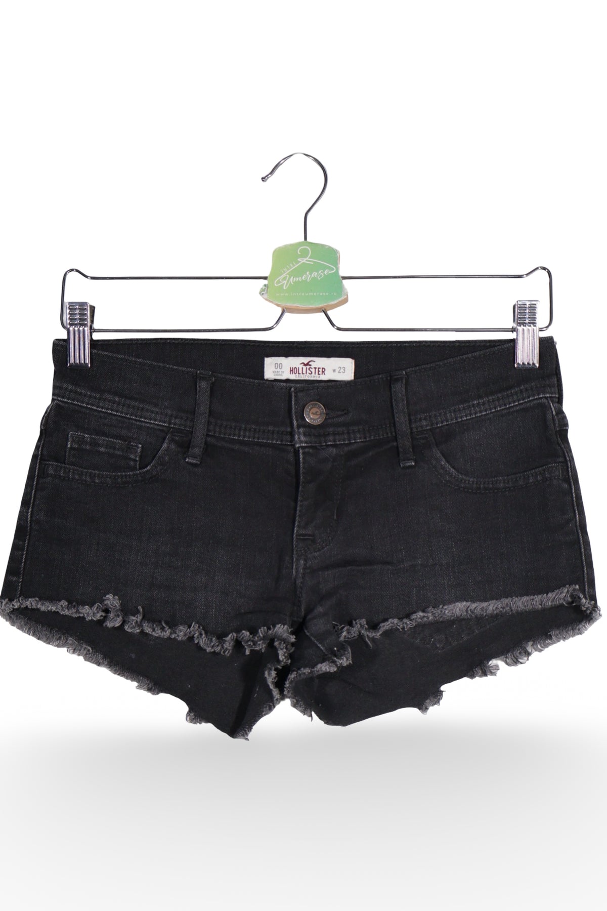 Blugi scurți - Hollister negri din denim prespalat cu margini franjurate – XS – Femei - detaliu