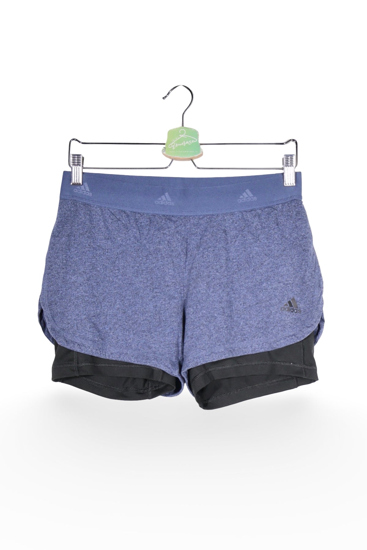 Pantaloni scurți - Adidas gri-albastrui din material tehnic cu strat dublu – S – Femei - fata