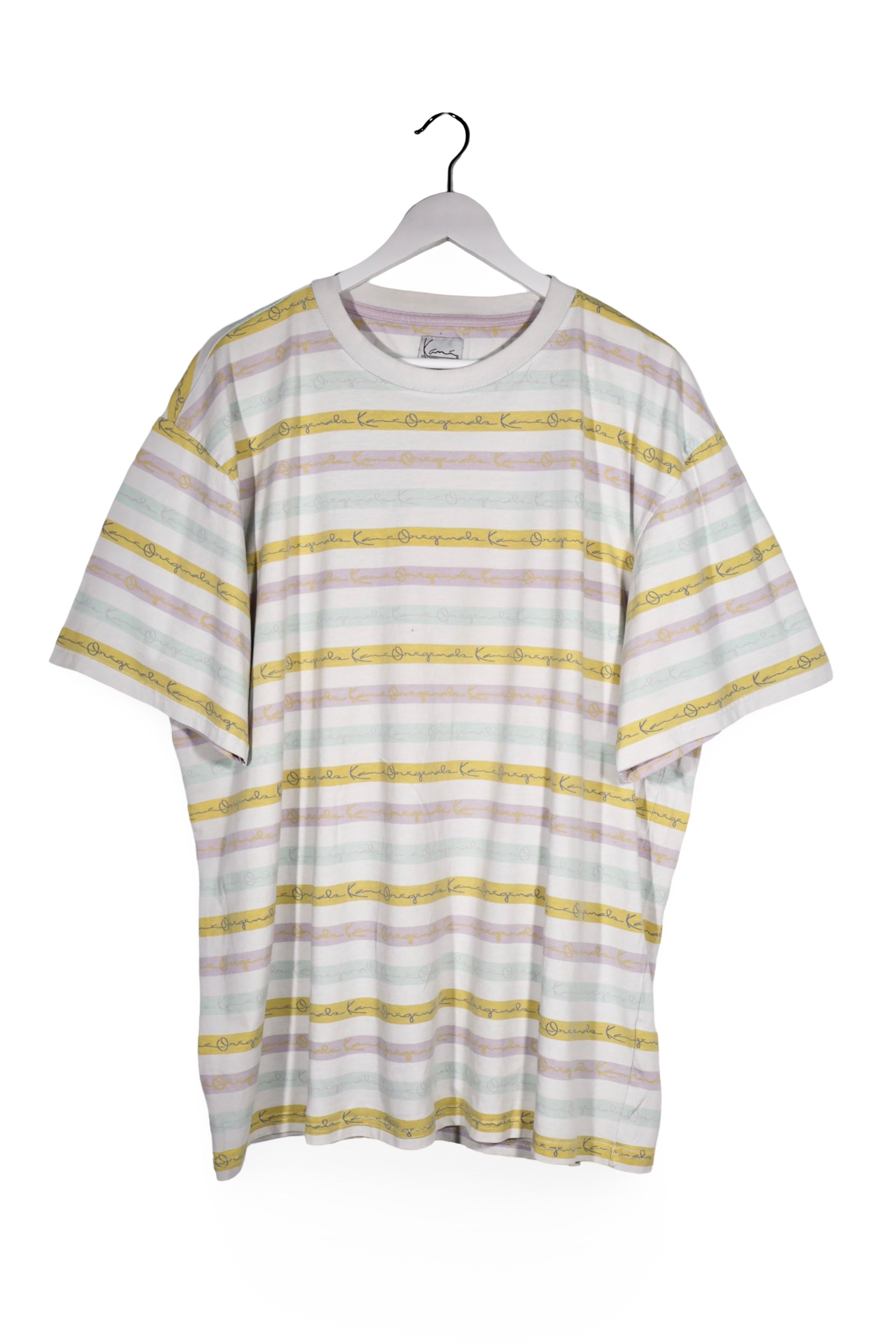 Tricou - Karl Kani alb crem cu dungi pastel si imprimeu repetat – XXL – Bărbați - fata