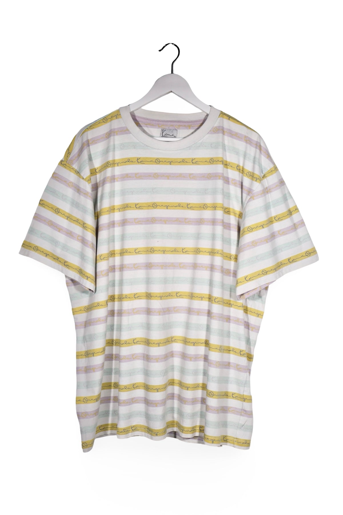 Tricou - Karl Kani alb crem cu dungi pastel si imprimeu repetat – XXL – Bărbați - fata