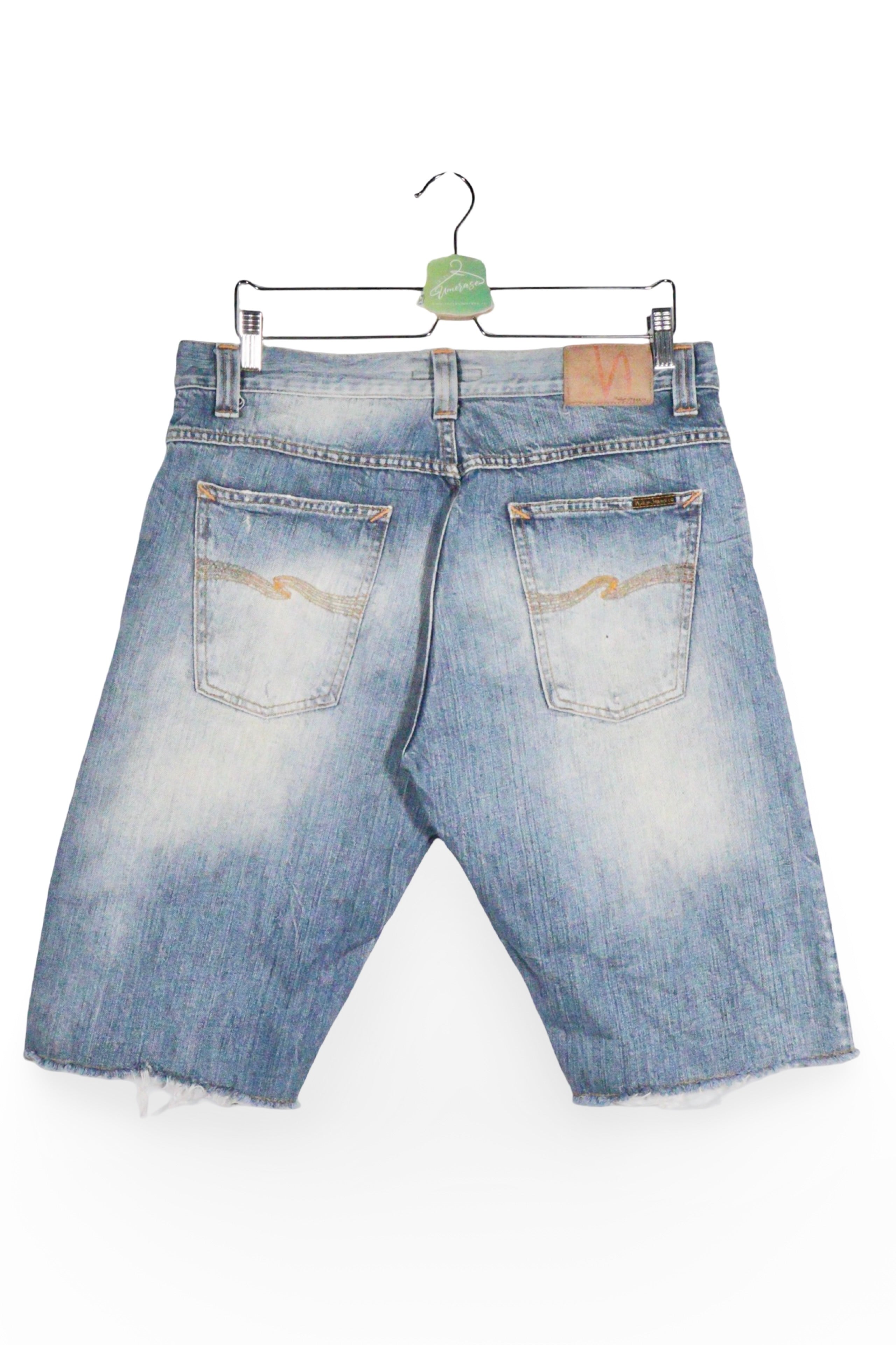Blugi scurți - Nudie albaștri decolorați din denim prespălat – L – Bărbați - detaliu