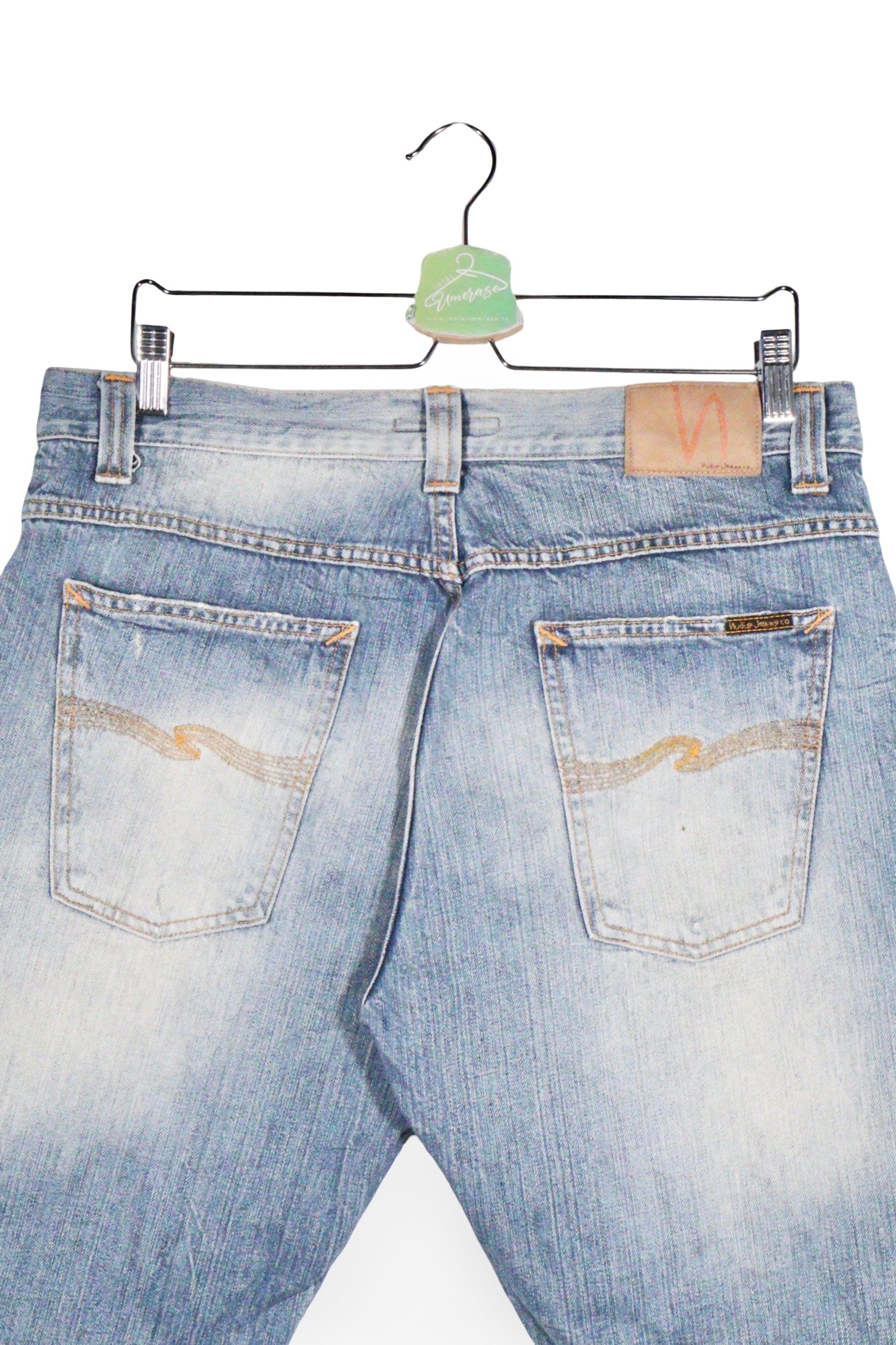 Blugi scurți - Nudie albaștri decolorați din denim prespălat – L – Bărbați - spate