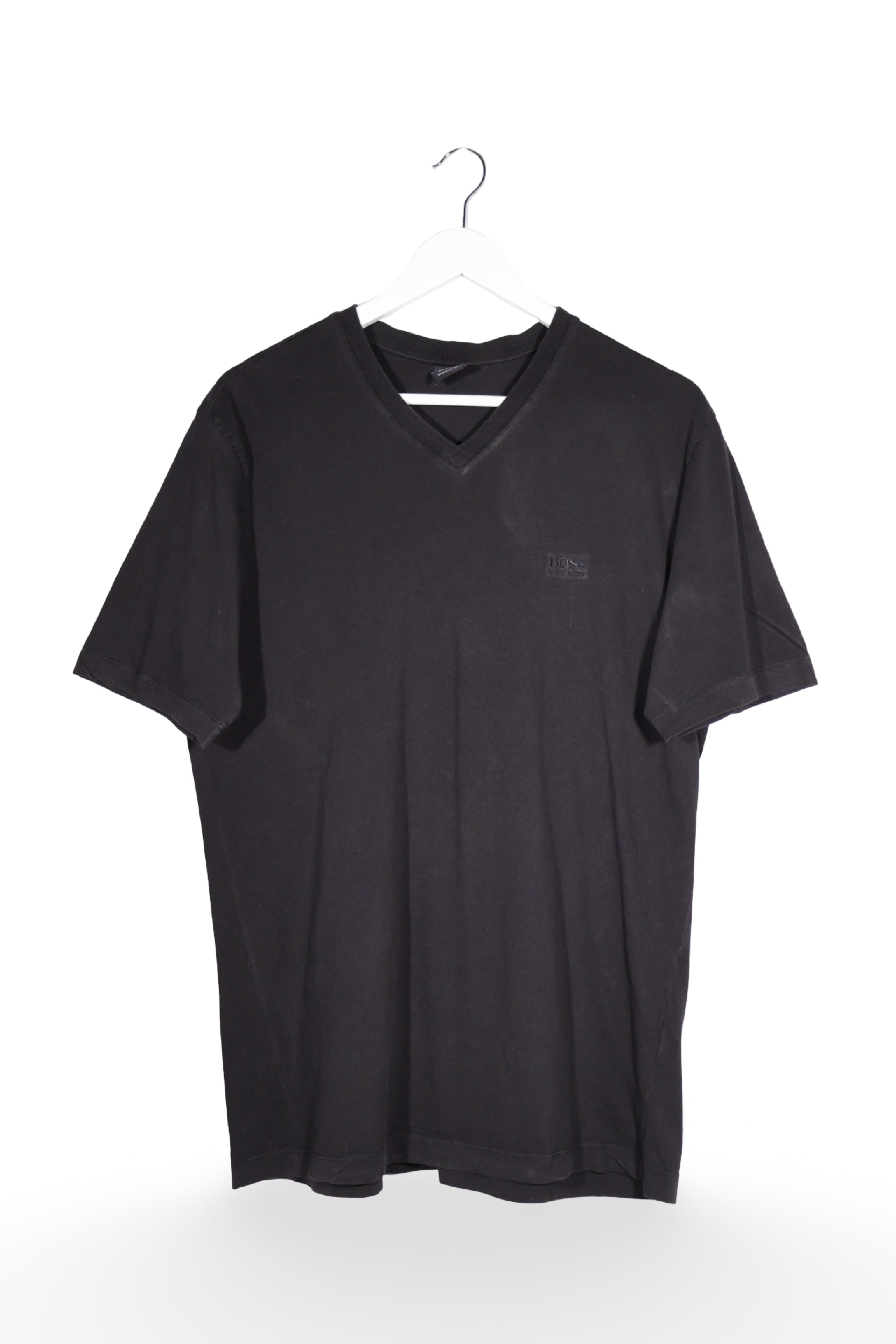 Tricou - BOSS Hugo Boss negru din bumbac cu guler in V – S – Bărbați - fata