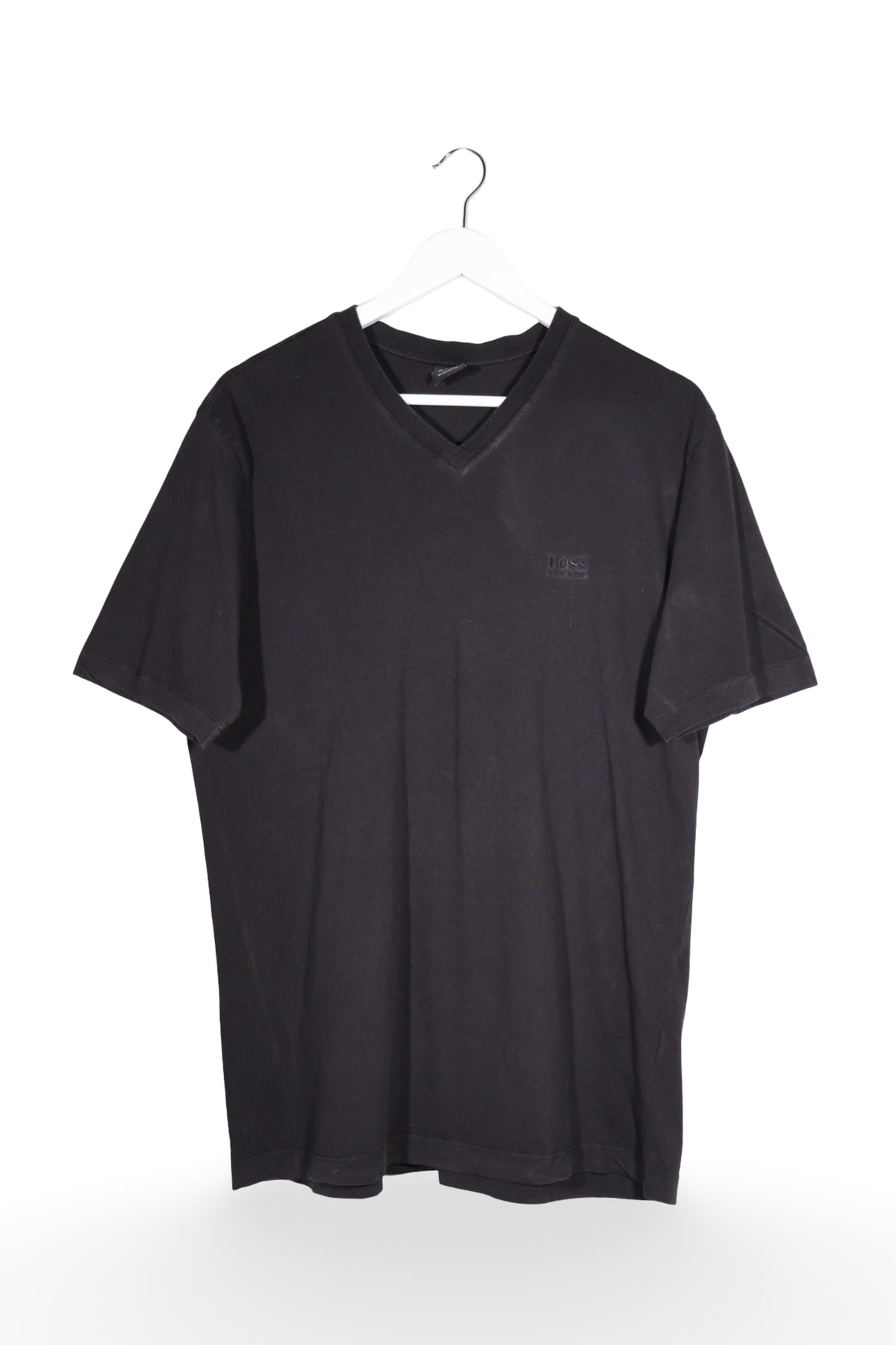 Tricou - BOSS Hugo Boss negru din bumbac cu guler in V – S – Bărbați - fata