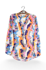 Bluză - Premium multicolor cu imprimeu geometric si decolteu in V – XL – Femei - fata