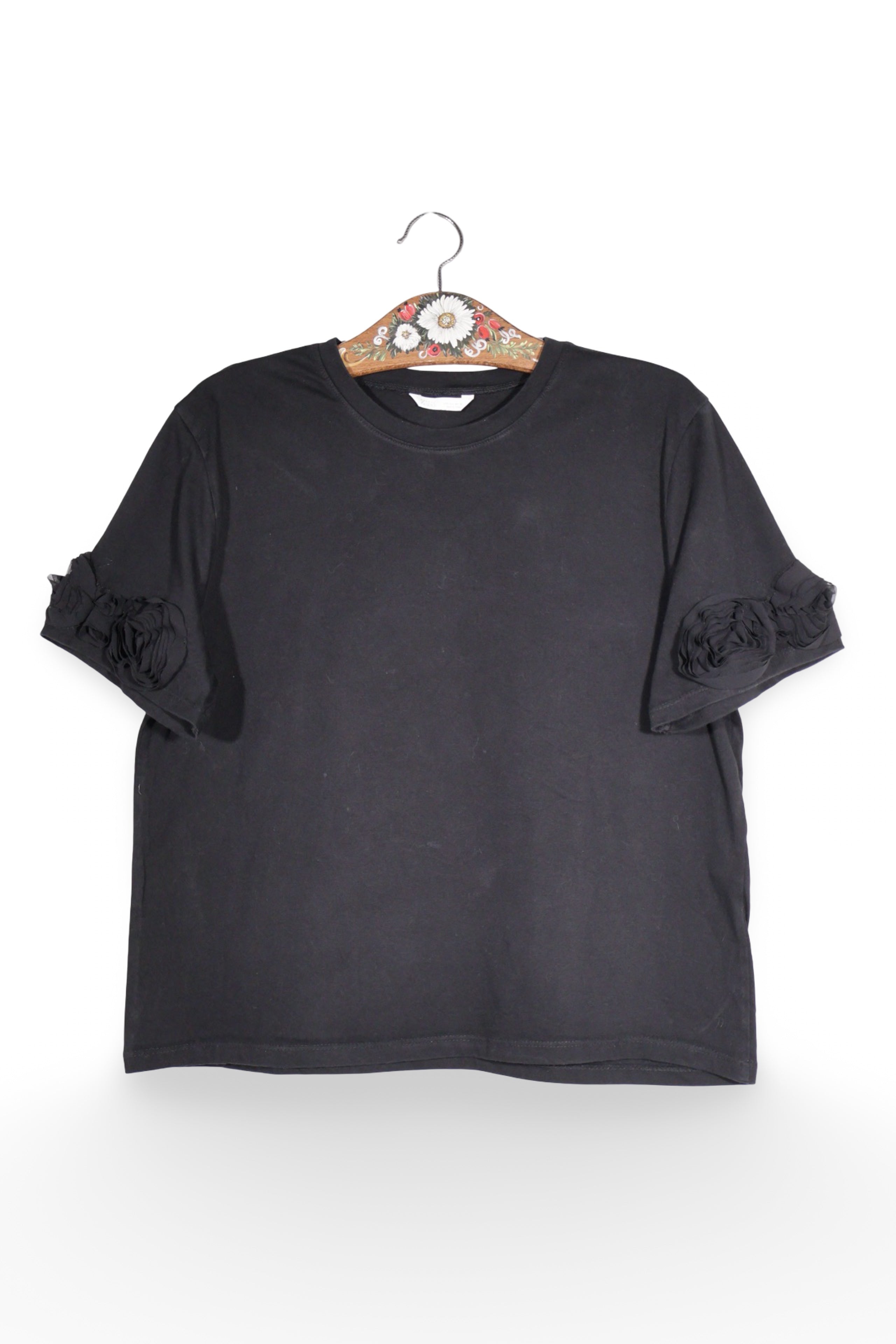 Tricou - Zara negru din bumbac cu maneci decorate – L – Femei - detaliu