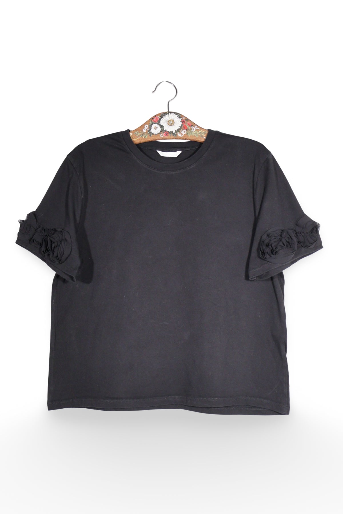 Tricou - Zara negru din bumbac cu maneci decorate – L – Femei - detaliu
