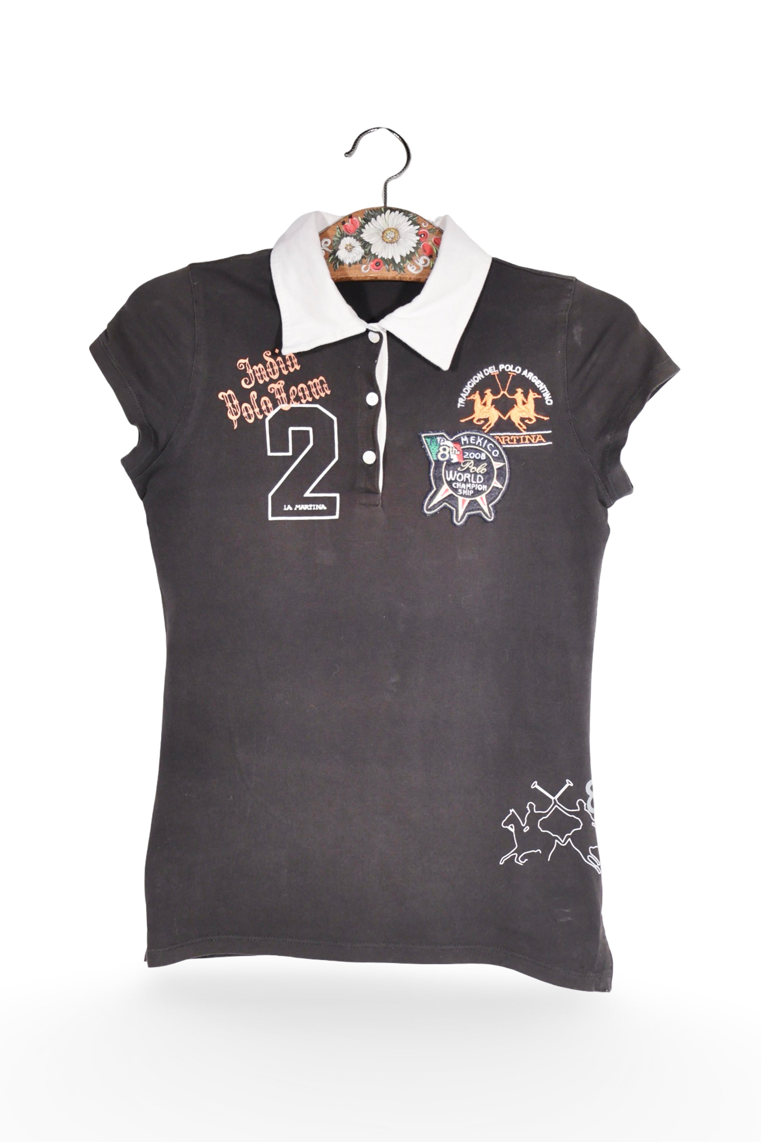 Tricou - La Martina negru cu guler alb si imprimeuri sport – S – Femei - fata