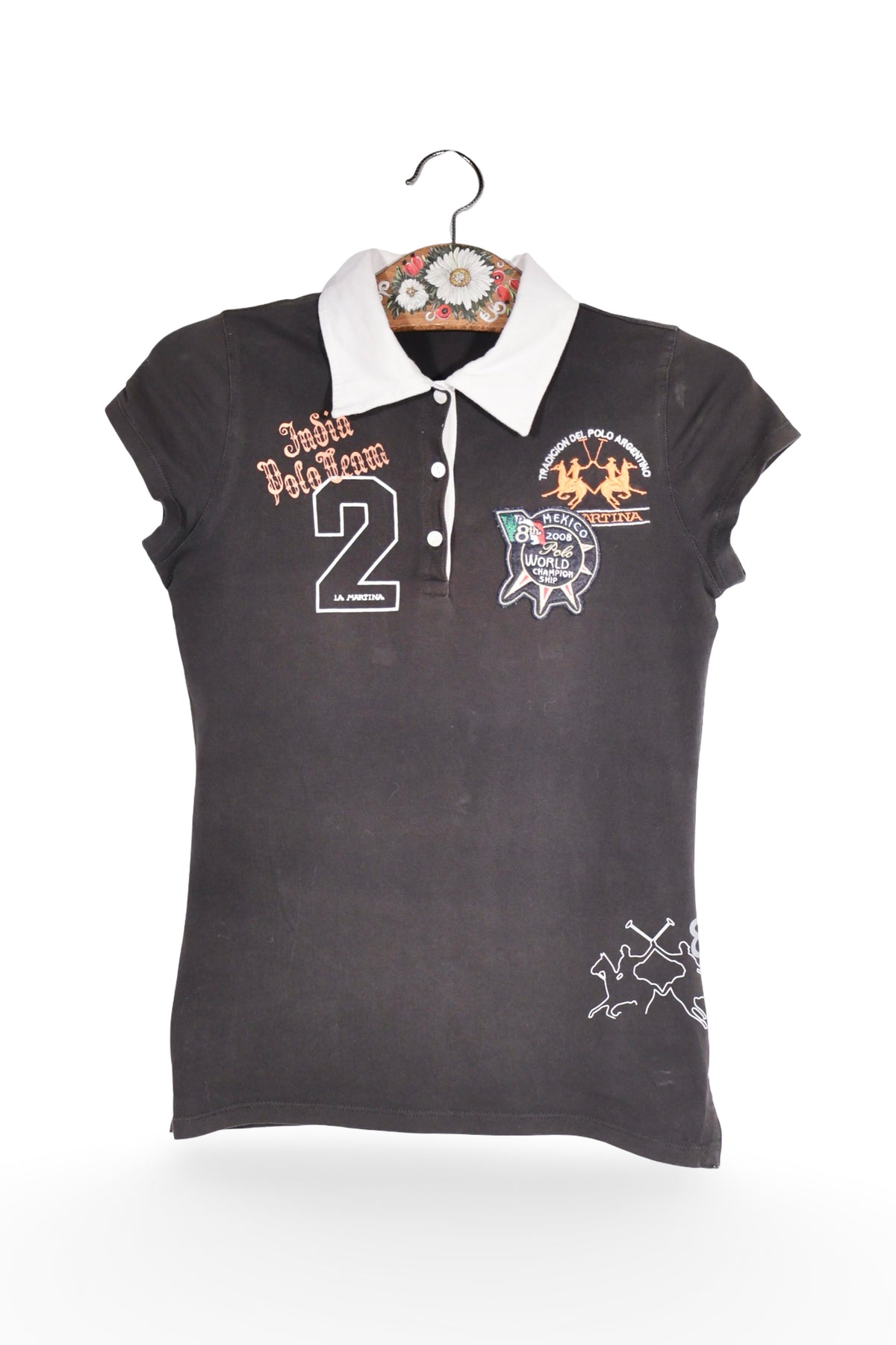 Tricou - La Martina negru cu guler alb si imprimeuri sport – S – Femei - fata