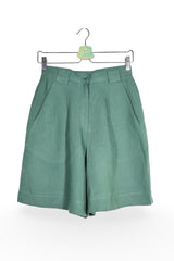 Pantaloni scurți - Vintage verde salvie din in si vascoza, cu croiala ampla – M – Femei - fata