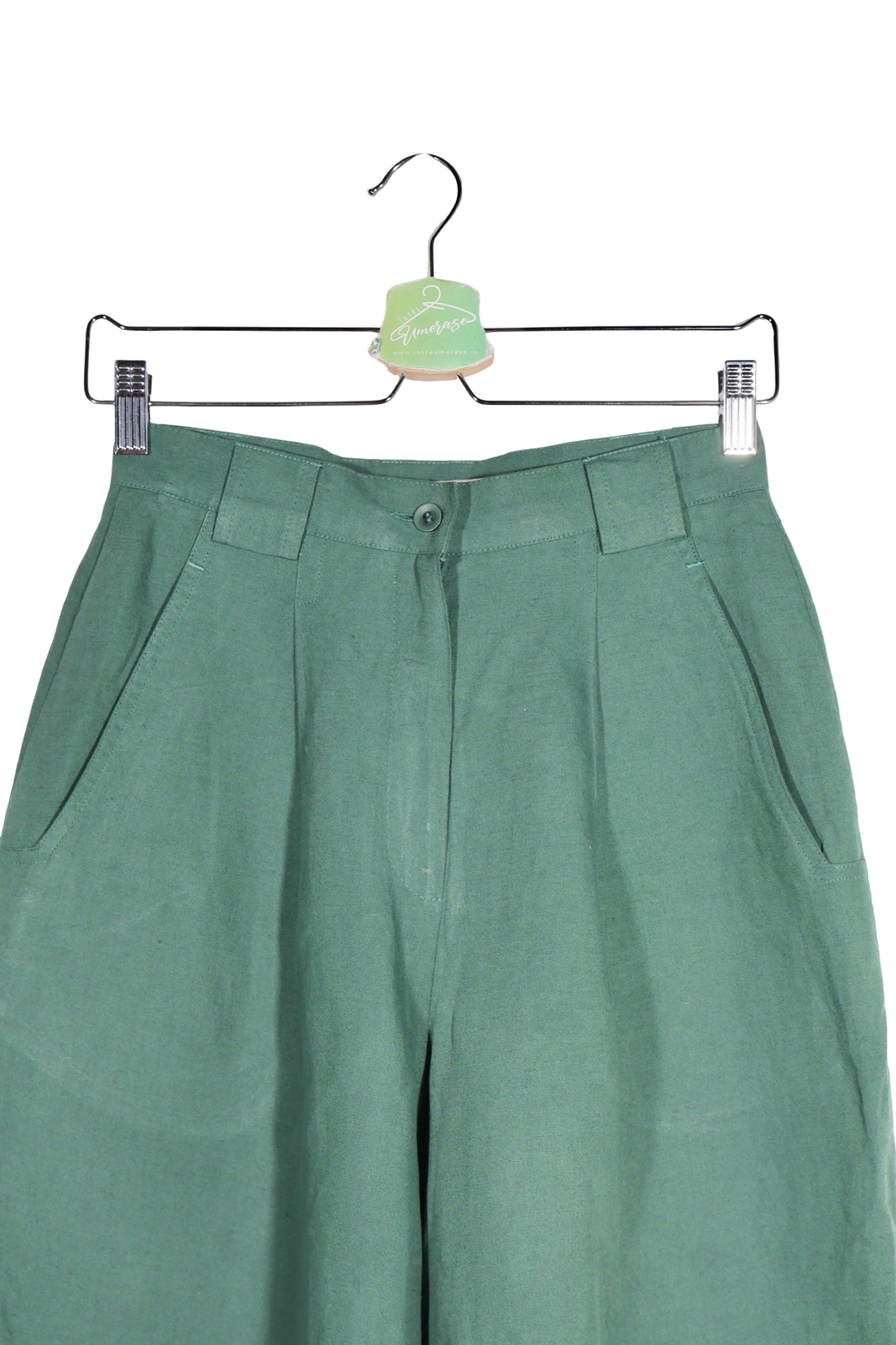 Pantaloni scurți - Vintage verde salvie din in si vascoza, cu croiala ampla – M – Femei - detaliu