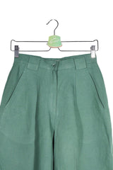 Pantaloni scurți - Vintage verde salvie din in si vascoza, cu croiala ampla – M – Femei - detaliu