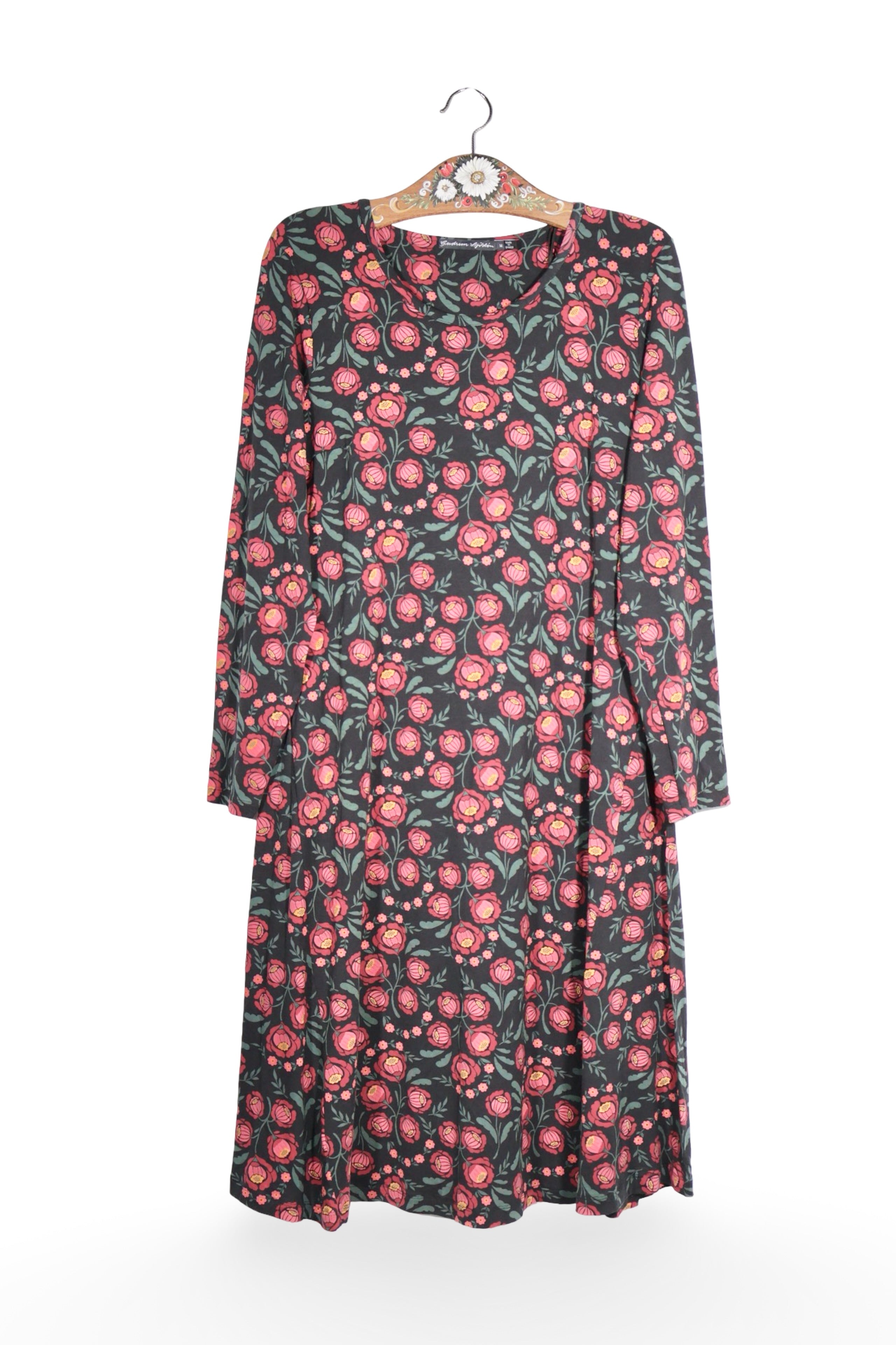 Rochie - Premium neagră cu imprimeu floral si croială fluidă – M – Femei - fata