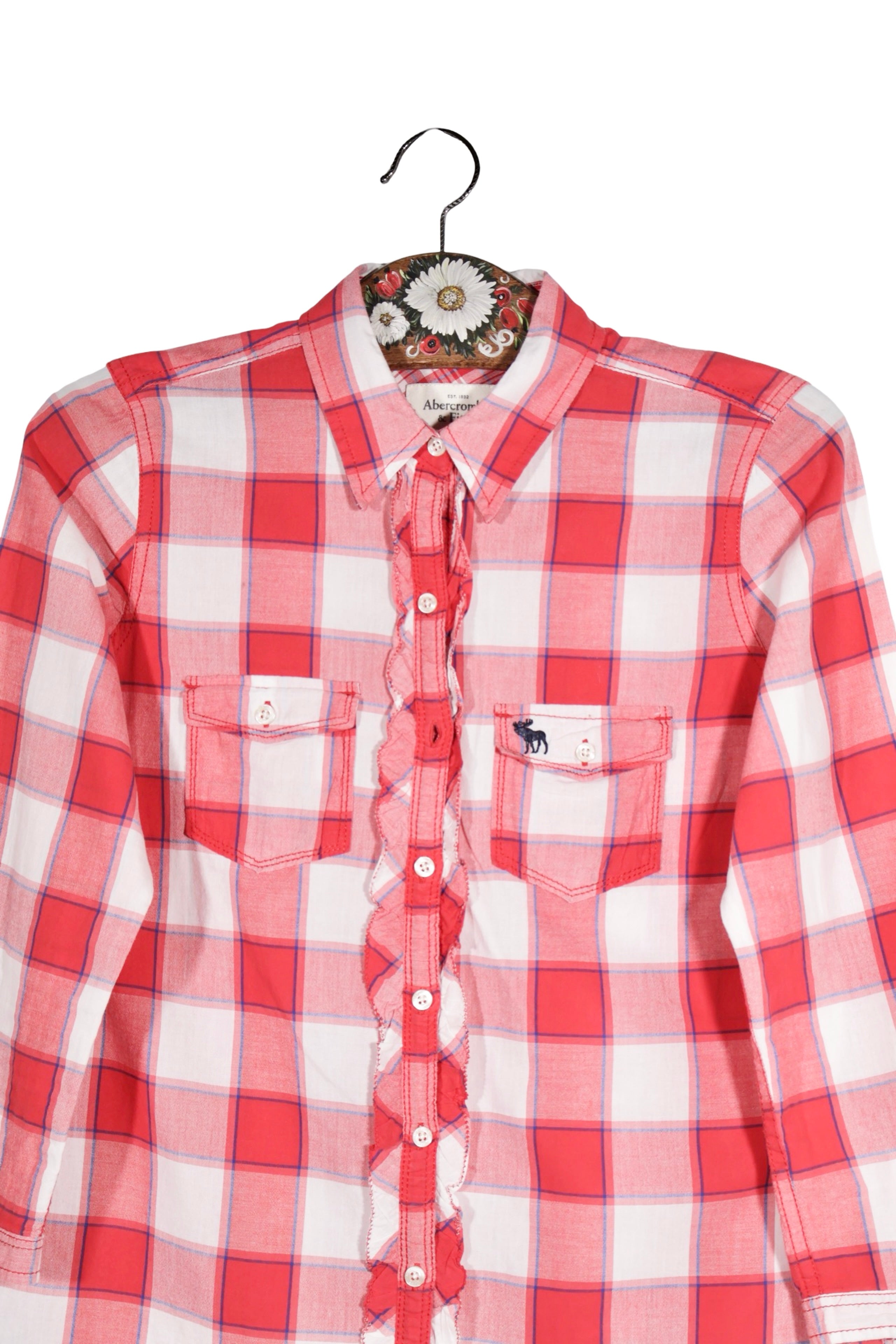 Cămașă - Abercrombie&Fitch carouri rosii din bumbac cu broderie decorativa – S – Femei - detaliu