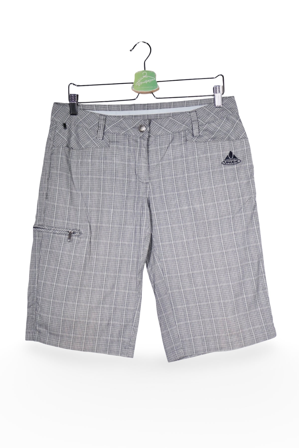 Pantaloni scurți - Vaude gri deschis cu carouri fine, croială funcțională – S – Femei - fata