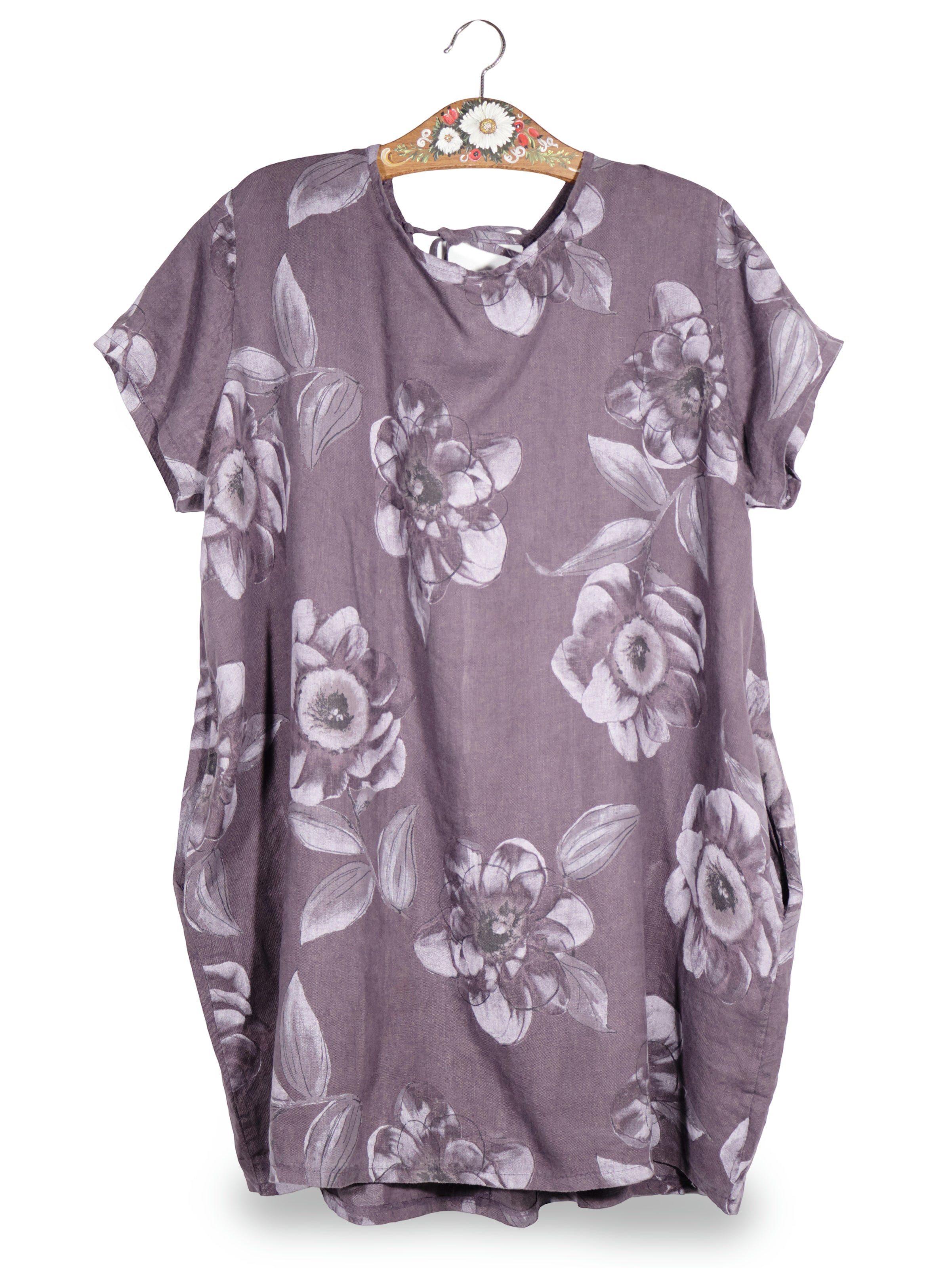 Rochie Vigina Laur mov prună cu imprimeu floral mărime XL vedere din față second-hand premium