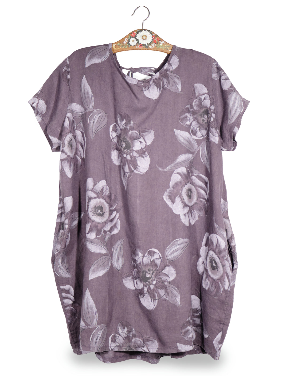 Rochie Vigina Laur mov prună cu imprimeu floral mărime XL vedere din față second-hand premium