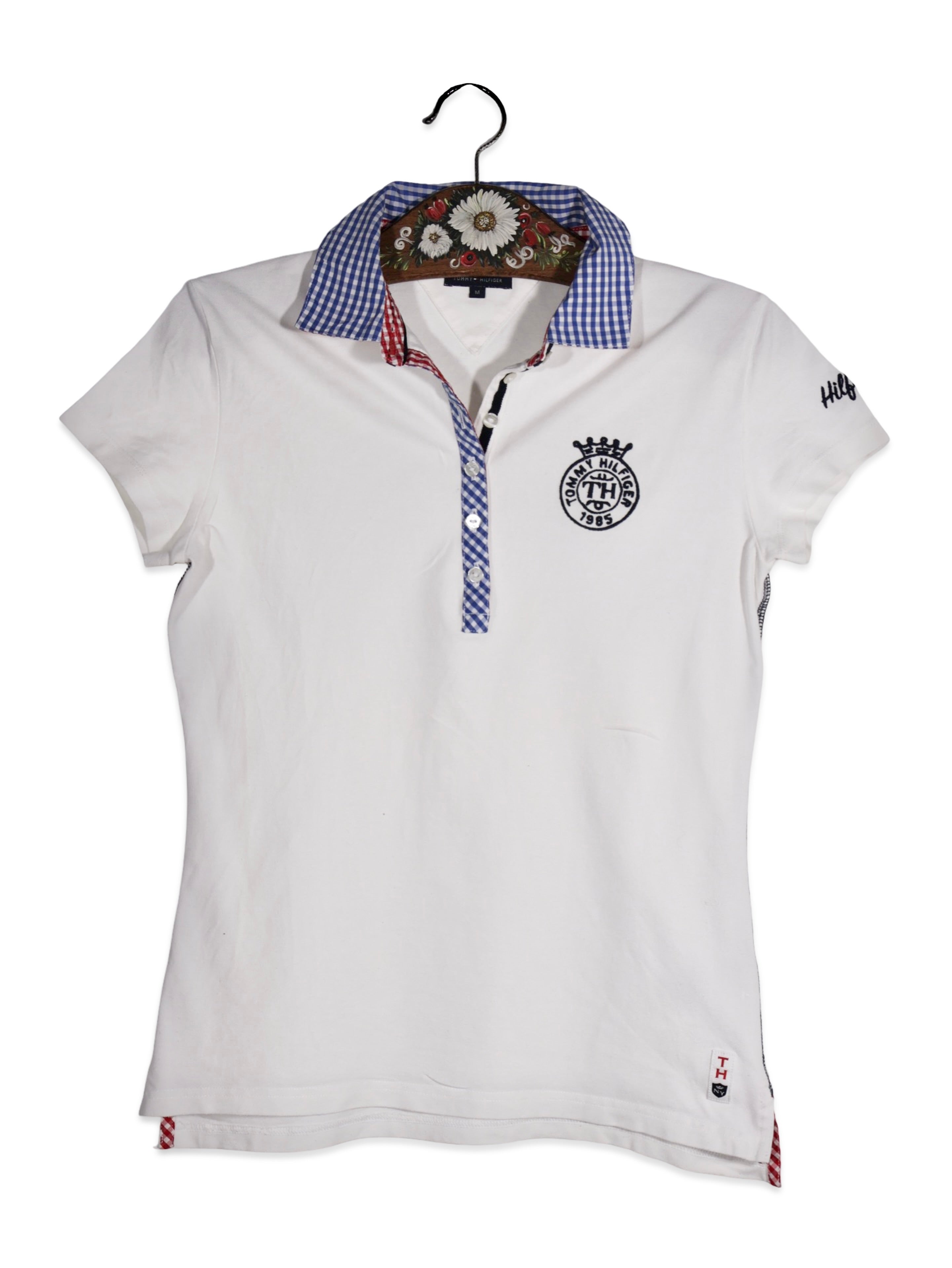 Tricou Tommy Hilfiger alb cu guler în carouri – M – Femei - imagine 1