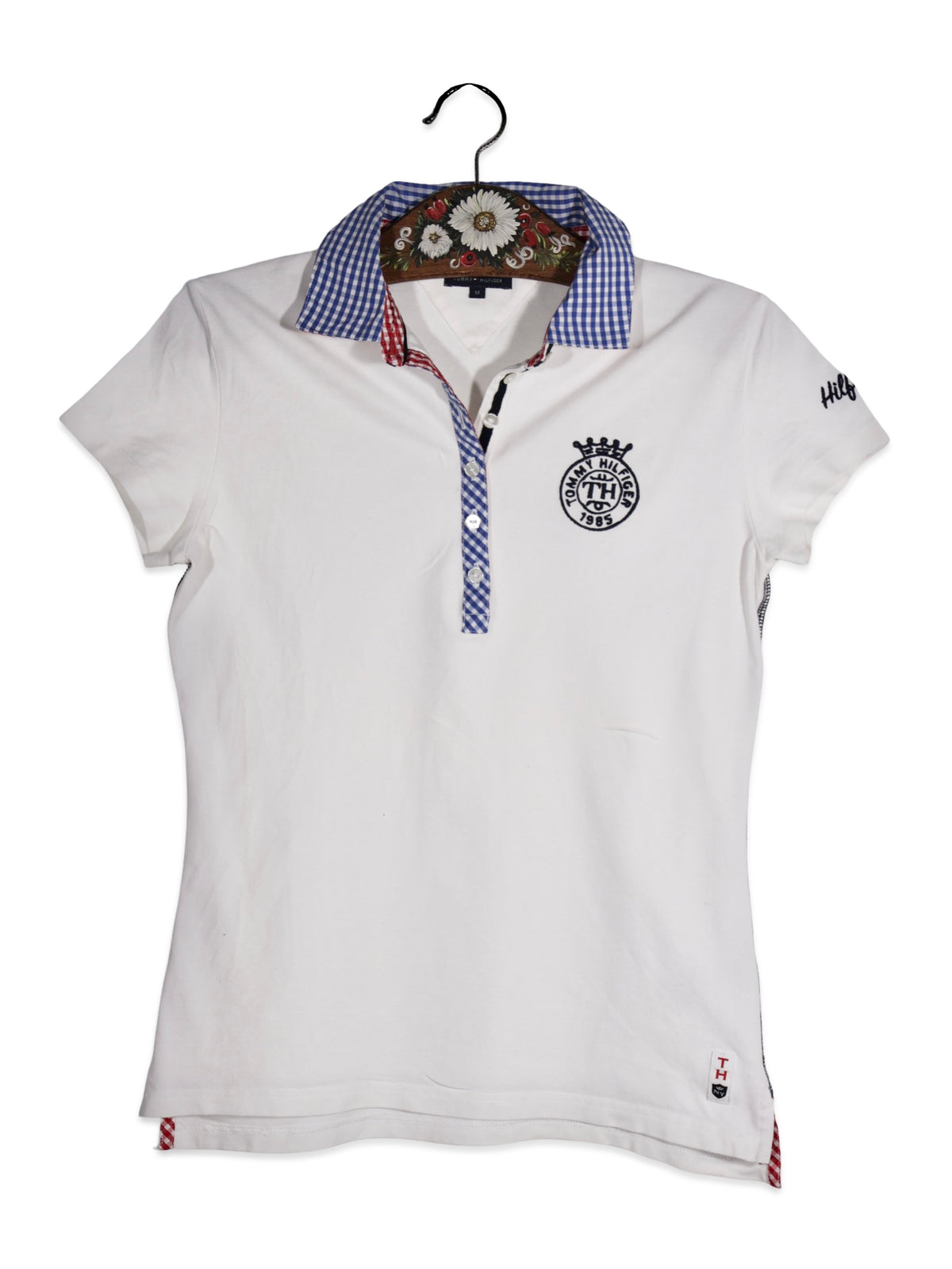 Tricou Tommy Hilfiger alb cu guler în carouri – M – Femei - imagine 1