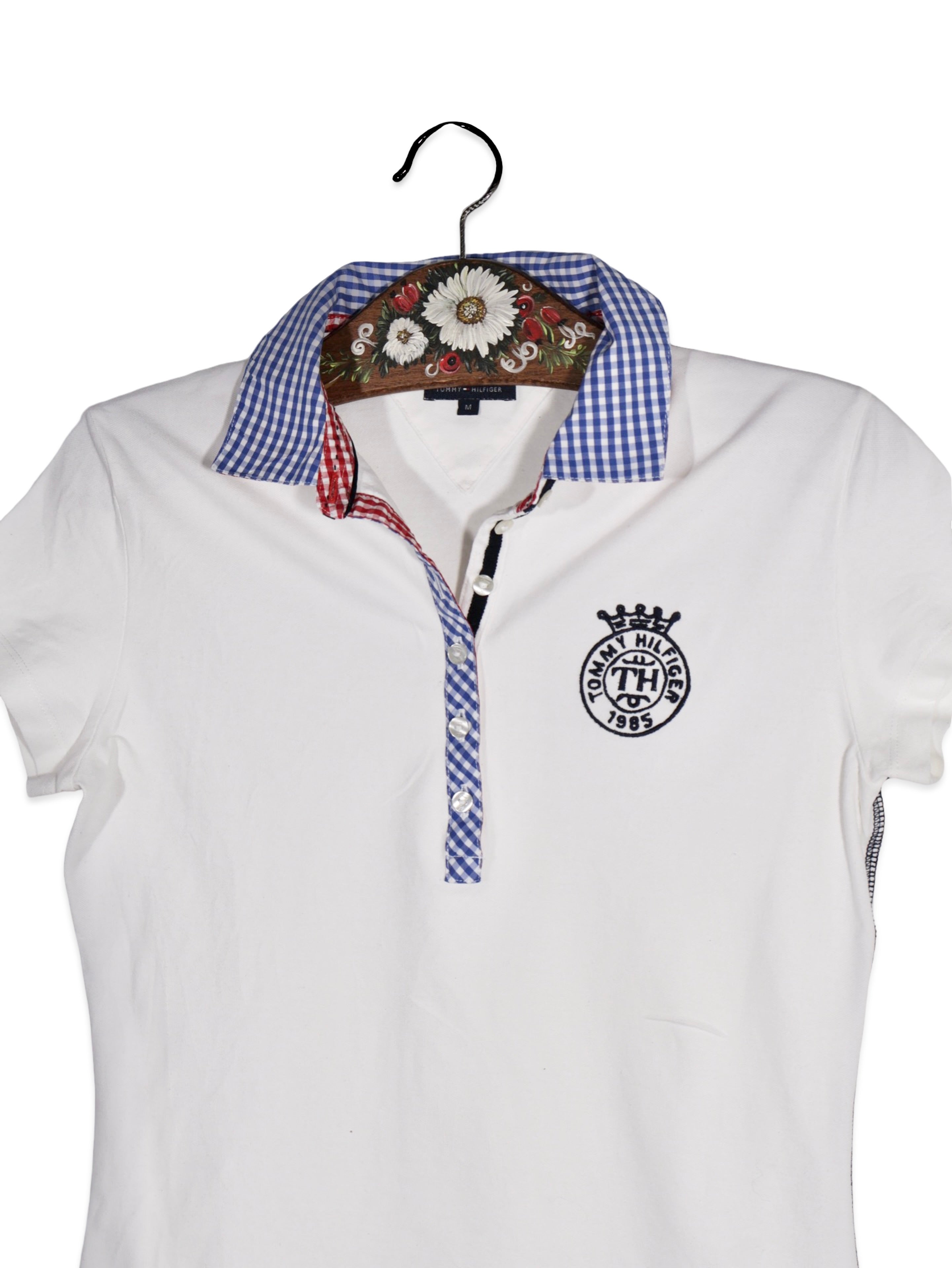 Tricou Tommy Hilfiger alb cu guler în carouri – M – Femei - imagine 2