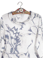 Bluza LUNGO LARNO alb cu imprimeu gri-violet mărime L detaliu material și croială second-hand premium
