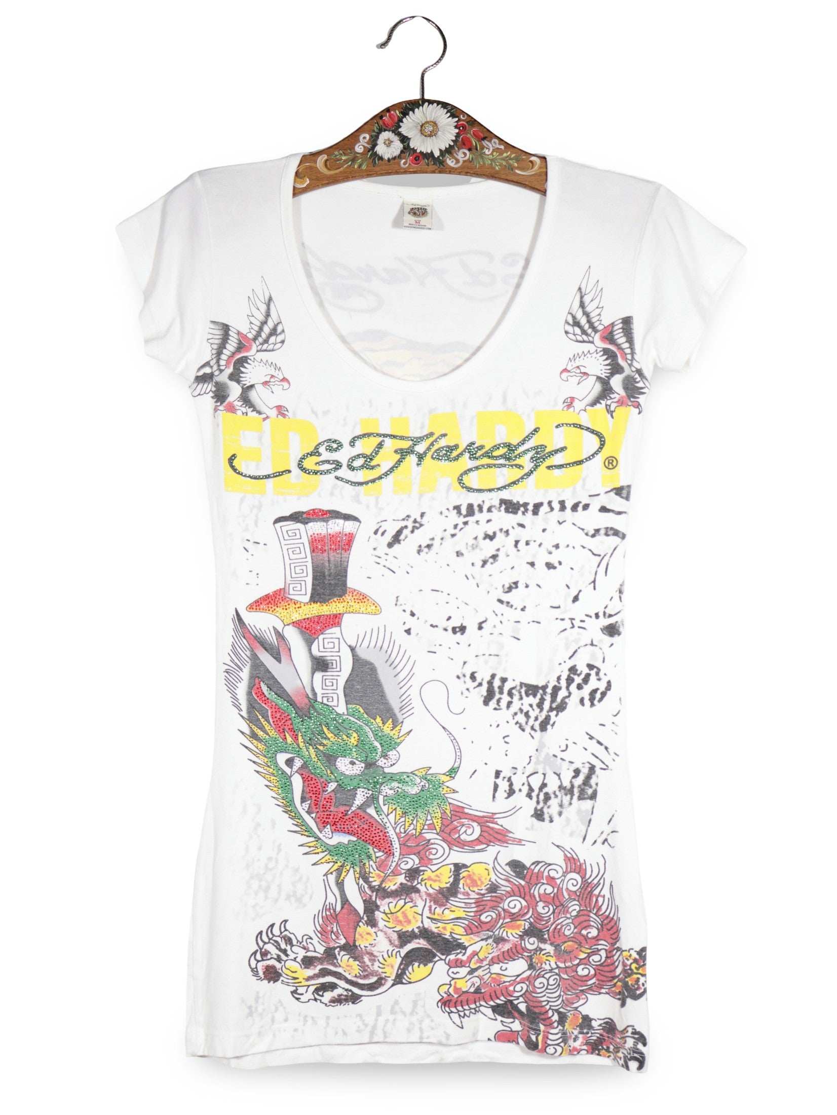 Tricou Ed Hardy alb mărime M vedere din față second-hand premium