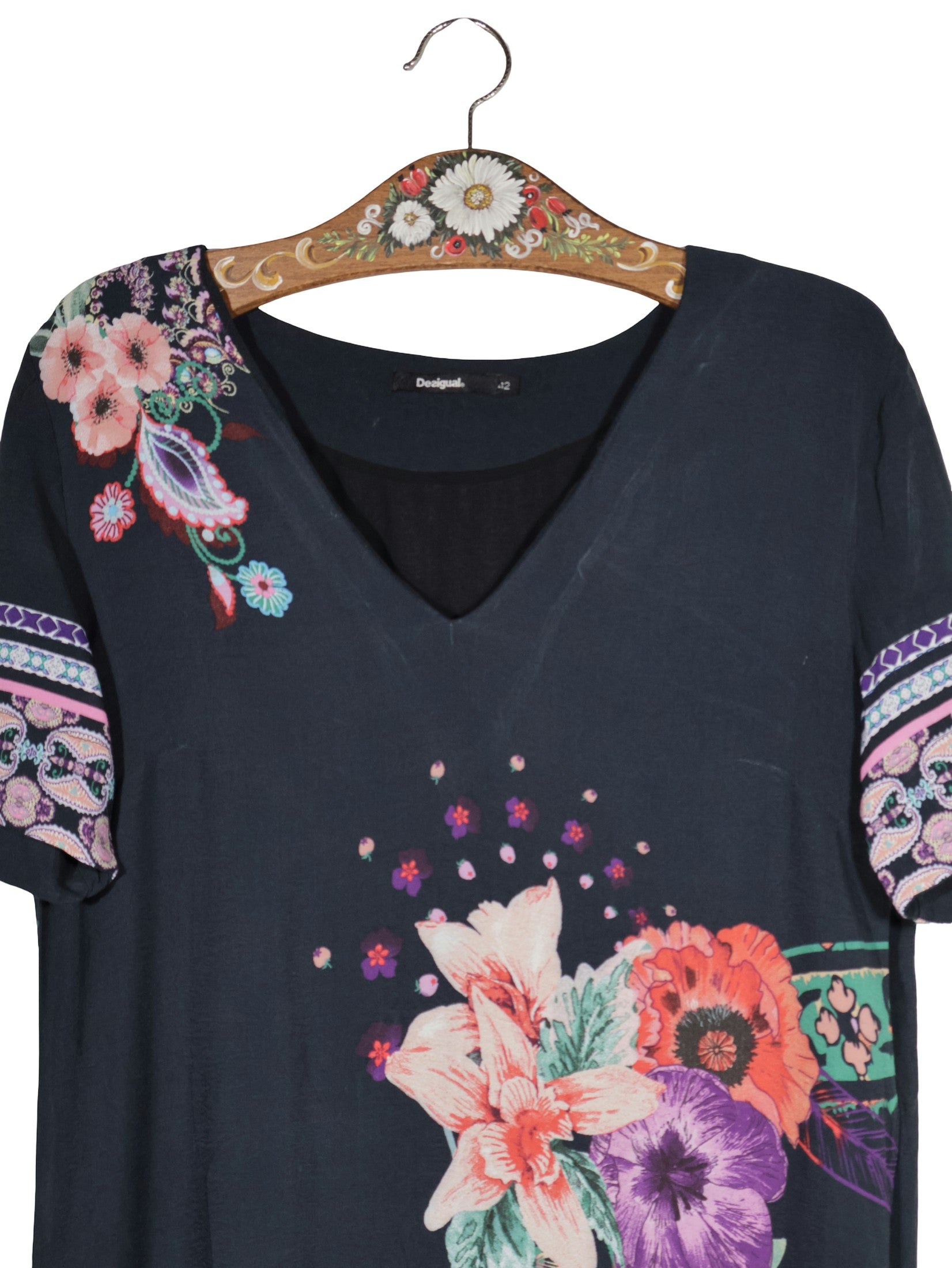 Rochie Desigual negru cu imprimeu floral multicolor mărime XL detaliu material și croială second-hand premium