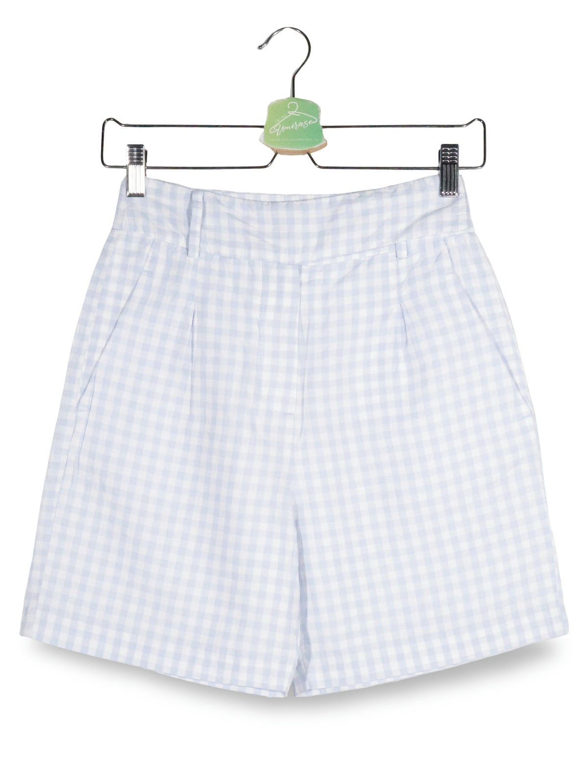 Pantaloni scurti Benetton alb cu imprimeu carouri bleu mărime M vedere din față second-hand premium