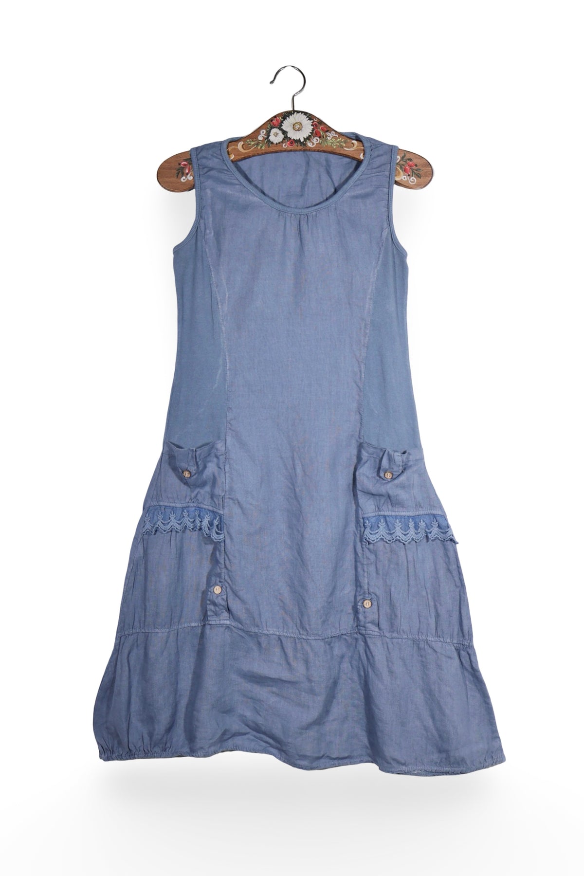 Rochie - Premium albastra din in cu detalii plisate – S – Femei - fata