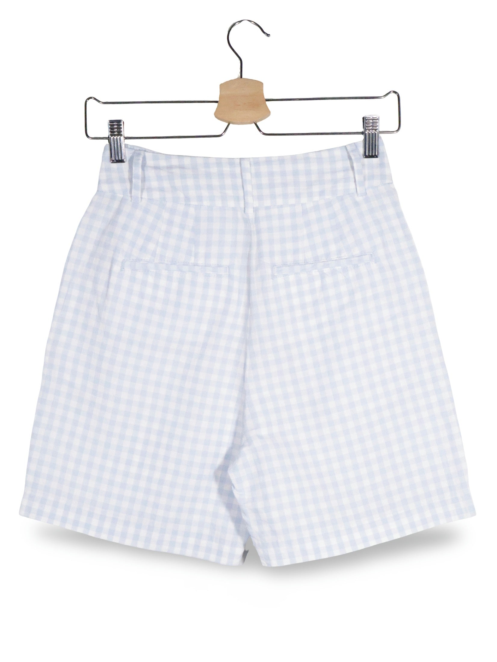 Pantaloni scurti Benetton alb cu imprimeu carouri bleu mărime M vedere din spate second-hand premium