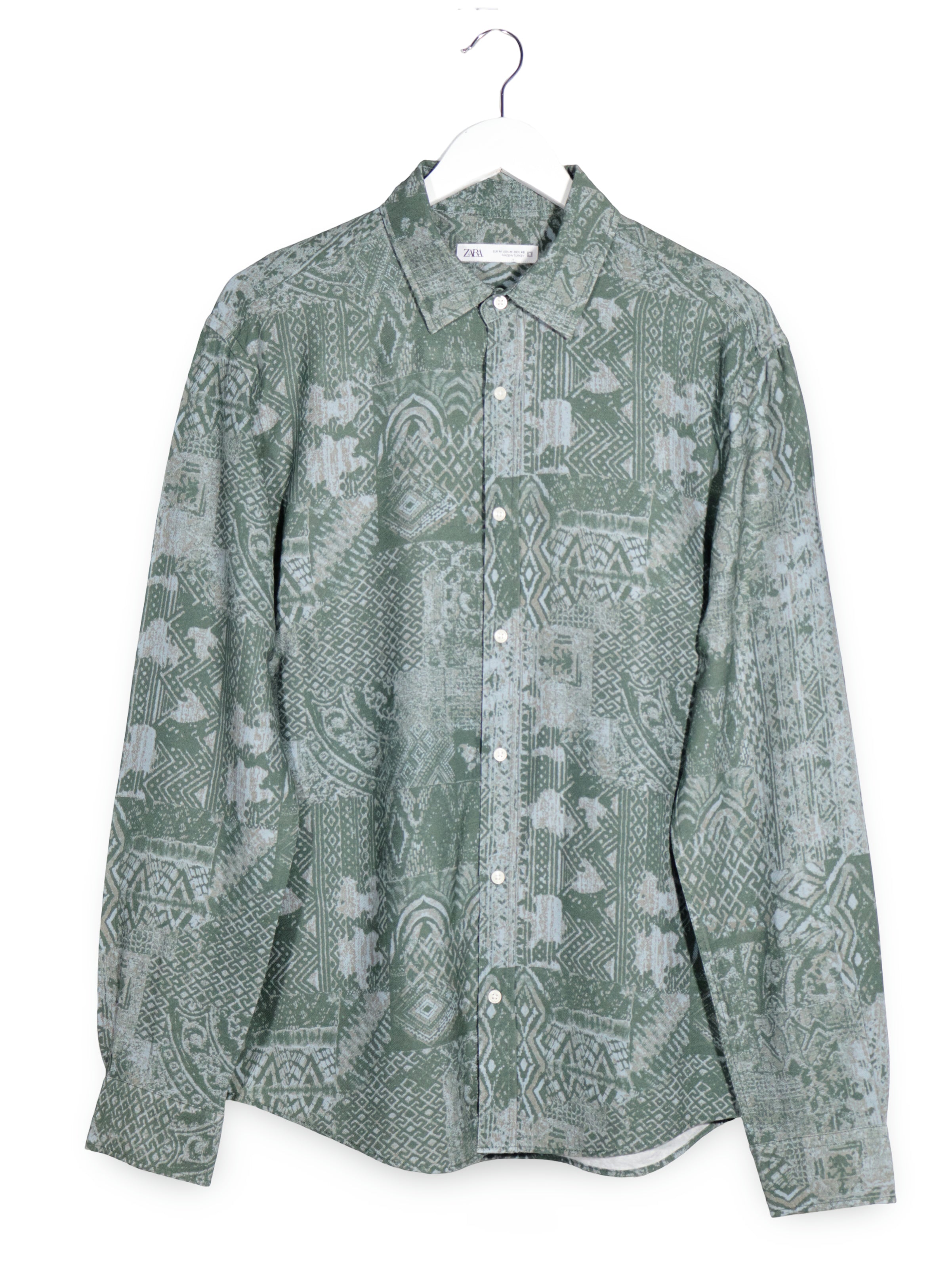 Camasa ZARA verde cu imprimeu geometric gri mărime M vedere din față second-hand premium