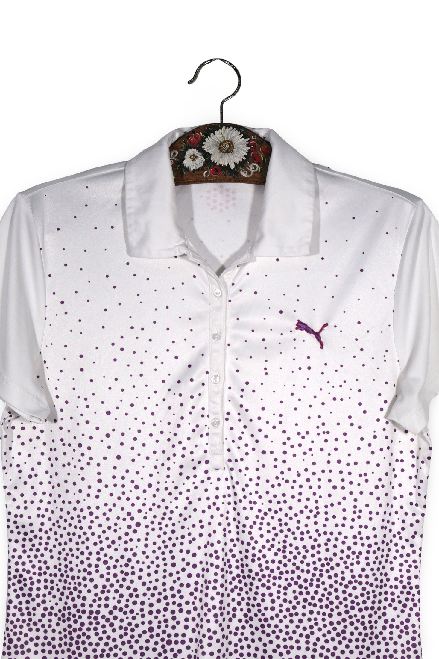 Tricou PUMA alb cu imprimeu mov mărime M detaliu material și croială second-hand premium