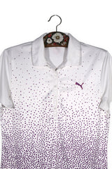 Tricou PUMA alb cu imprimeu mov mărime M detaliu material și croială second-hand premium