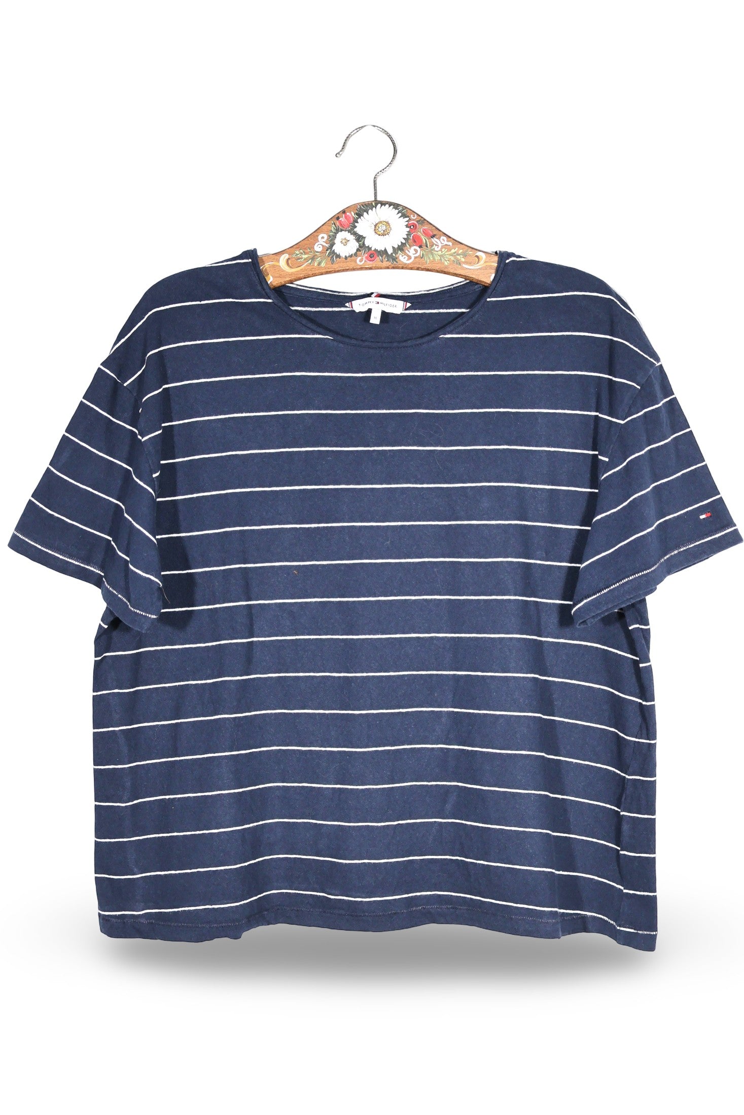 Tricou Tommy Hilfiger bleumarin cu dungi albe mărime XL vedere din față second-hand premium