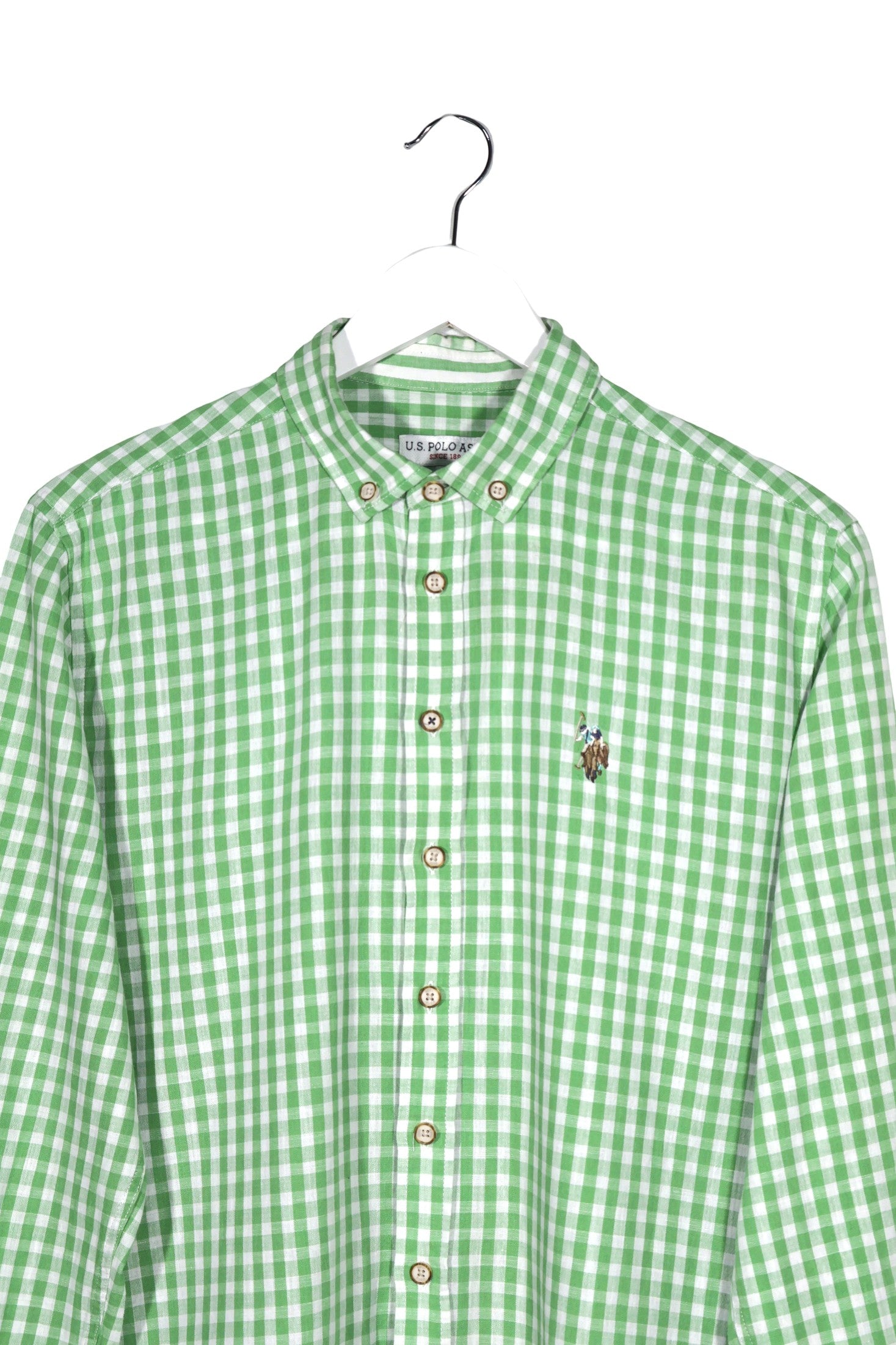 Camasa U.S. Polo Assn verde și alb mărime M detaliu material și croială second-hand premium