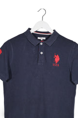 Tricou U.S. Polo Assn bleumarin cu detalii roșii și albe mărime XS detaliu material și croială second-hand premium