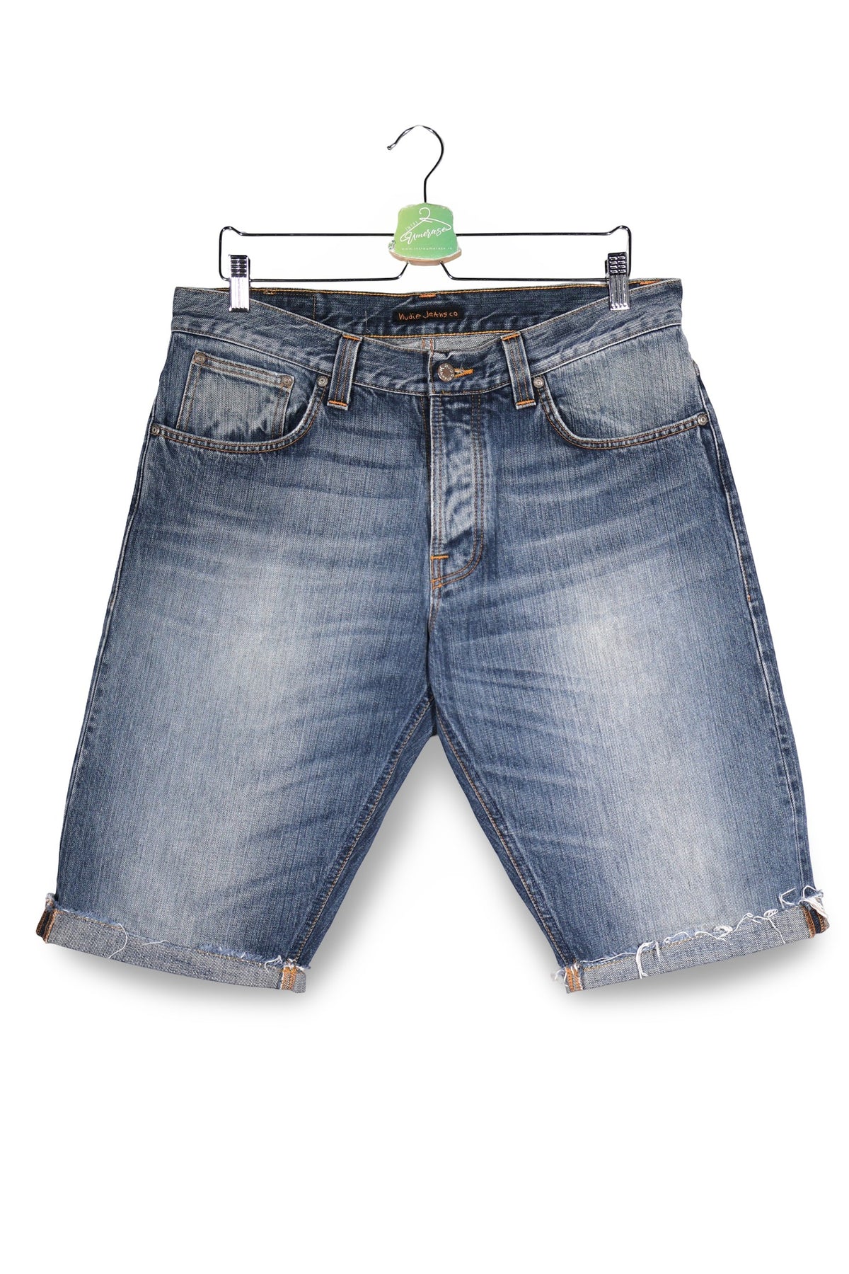 Blugi scurti Nudie Jeans albastru denim spălat mărime L vedere din față second-hand premium