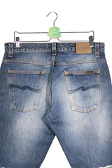 Blugi scurti Nudie Jeans albastru denim spălat mărime L detaliu material și croială second-hand premium