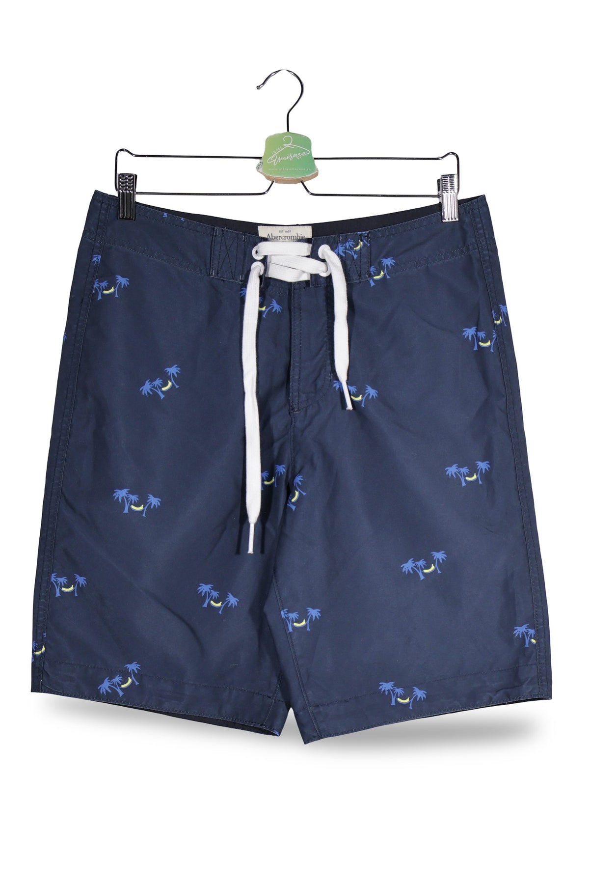 Pantaloni scurti Abercrombie&Fitch bleumarin cu imprimeu albastru si accente galbene mărime M vedere din față second-hand…