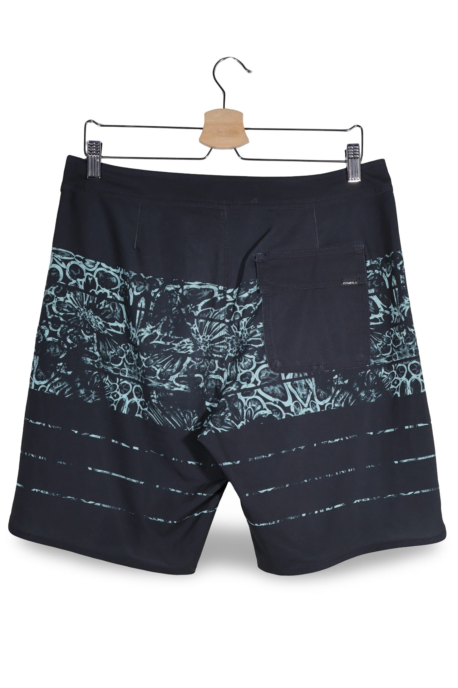 Pantaloni scurti O'Neill negru cu print albastru-verzui mărime S vedere din spate second-hand premium