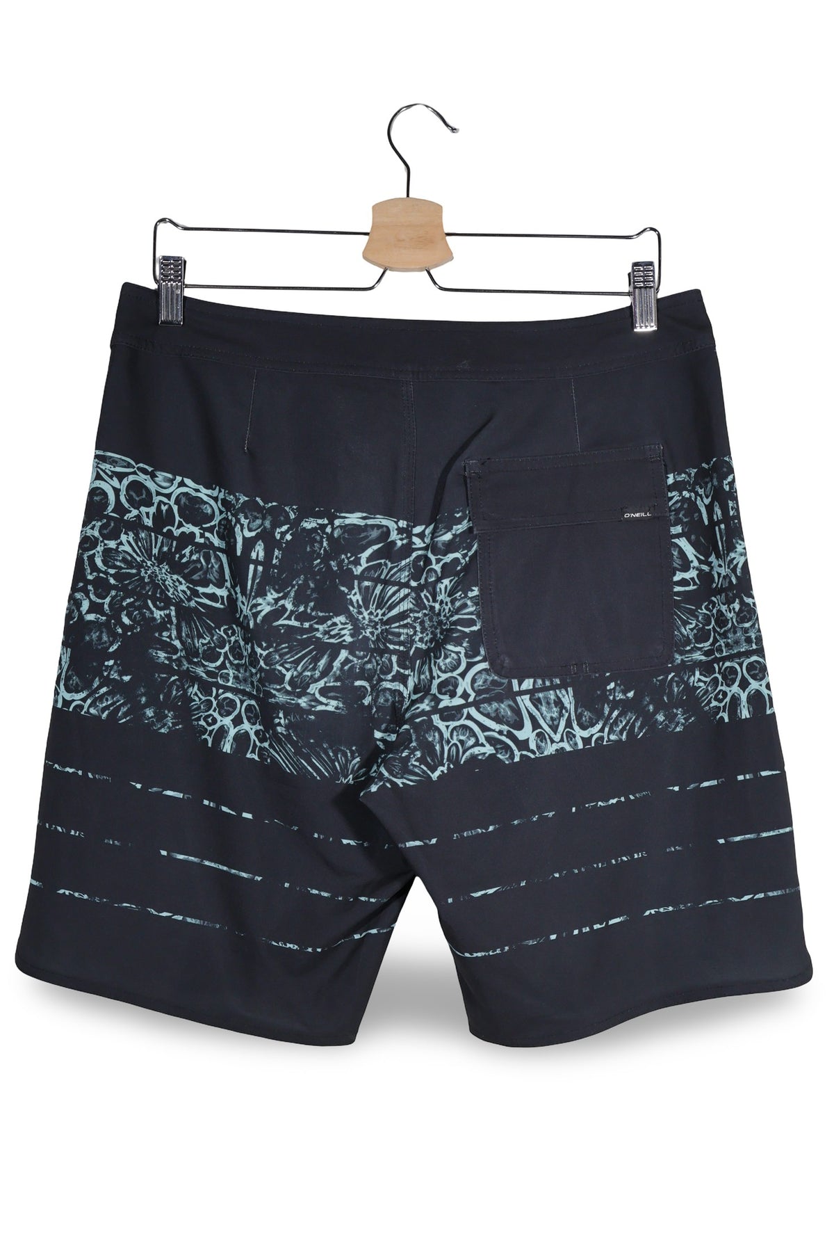 Pantaloni scurti O'Neill negru cu print albastru-verzui mărime S vedere din spate second-hand premium