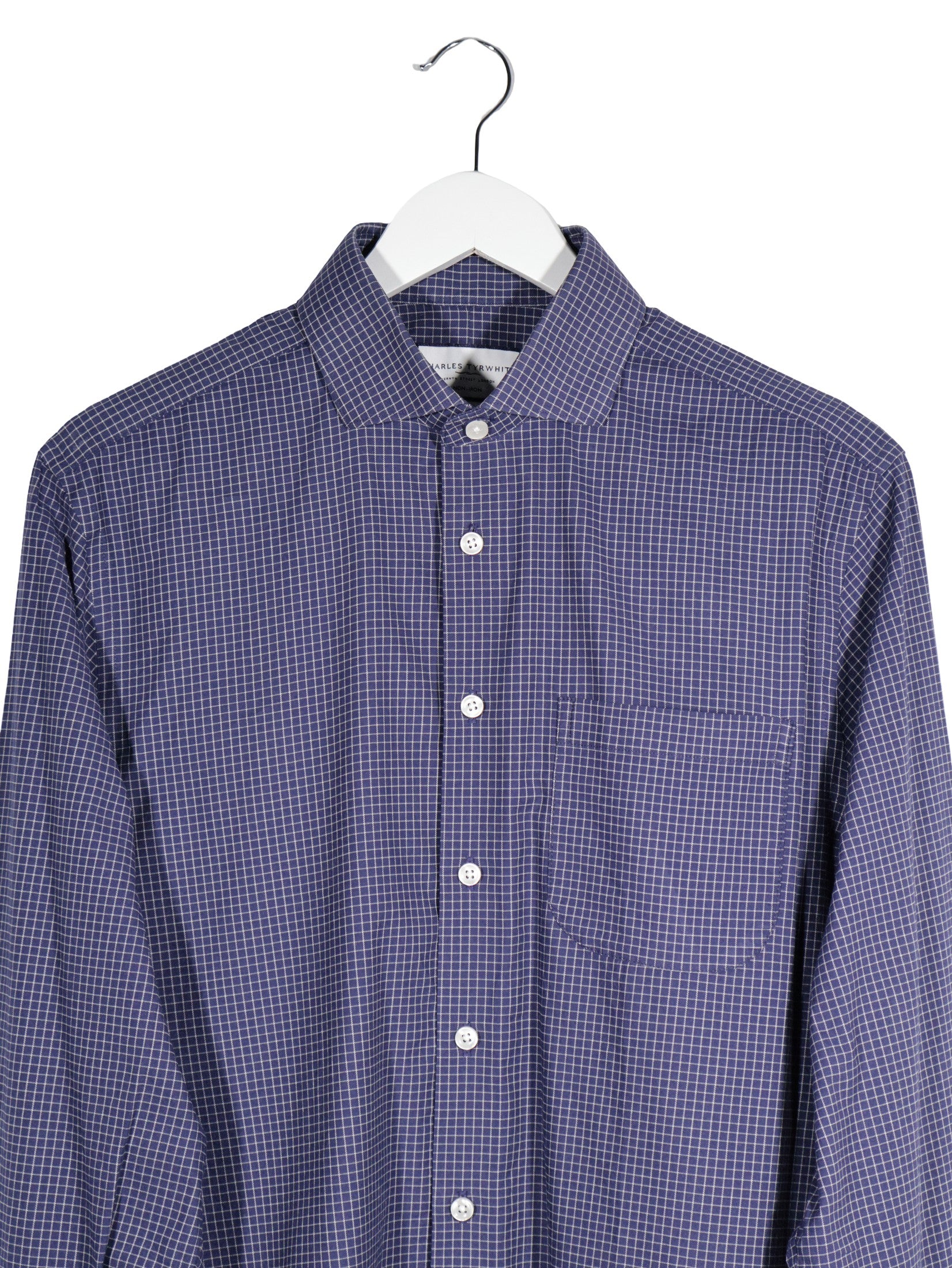 Camasa Charles Tyrwhitt bleumarin cu carouri fine albe mărime L detaliu material și croială second-hand premium