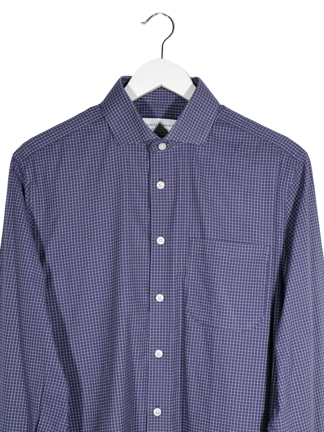 Camasa Charles Tyrwhitt bleumarin cu carouri fine albe mărime L detaliu material și croială second-hand premium