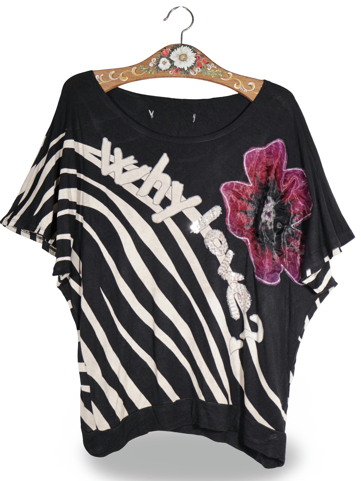 Tricou Desigual negru, alb, accente de roz și gri mărime XL vedere din față second-hand premium