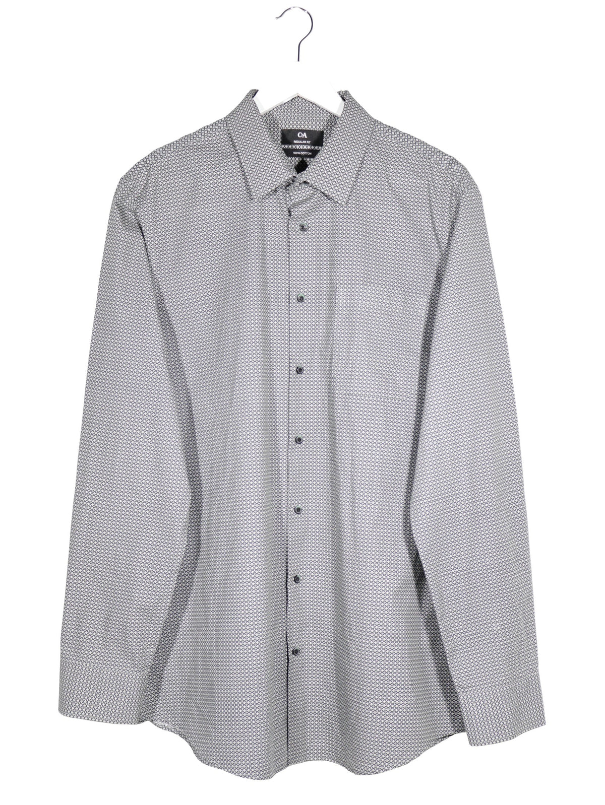 Camasa C&A gri deschis cu imprimeu geometric alb-negru mărime L vedere din față second-hand premium