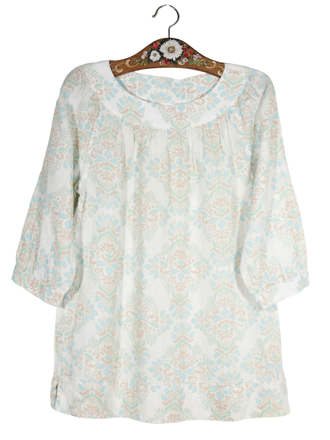Camasa Lands' End alb cu imprimeu pastel bleu, bej si verde mărime M vedere din față second-hand premium