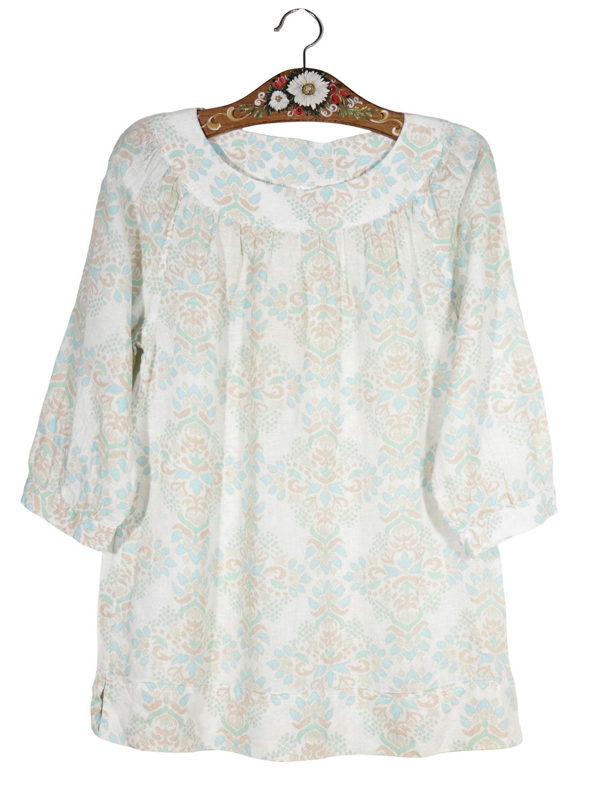 Camasa Lands' End alb cu imprimeu pastel bleu, bej si verde mărime M vedere din față second-hand premium
